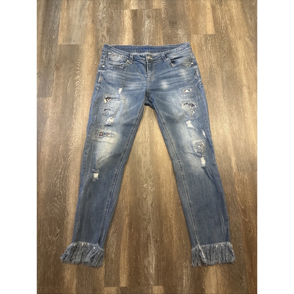 Grace In LA Jeans Women's 30 Distressed Patchwork Fringe Hem Skinny Y2K